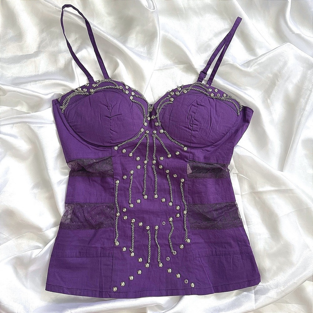 Lydia Purple Studded Chain Bustier Top Mesh Panels Gothic Punk Camisole Small